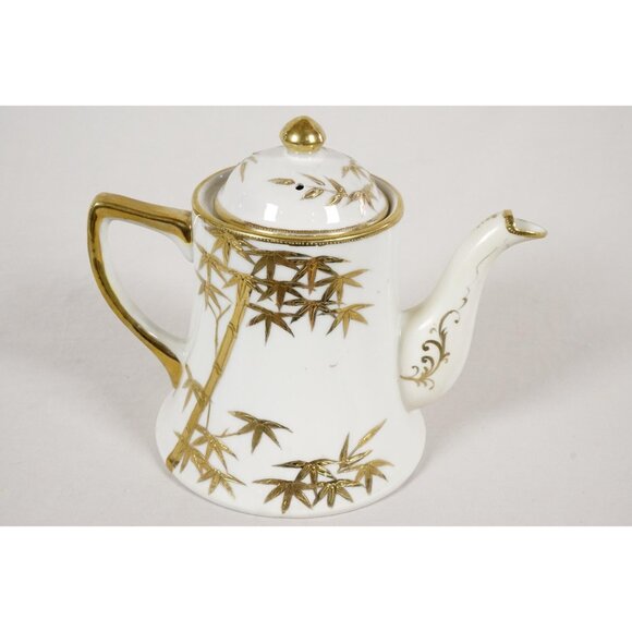 Shofu Coffee Tea Pot White Gold Bamboo Set Sugar Creamer  Shofu Coffee Tea Pot White Gold Bamboo Set Sugar Creamer Vintage Hand Painted